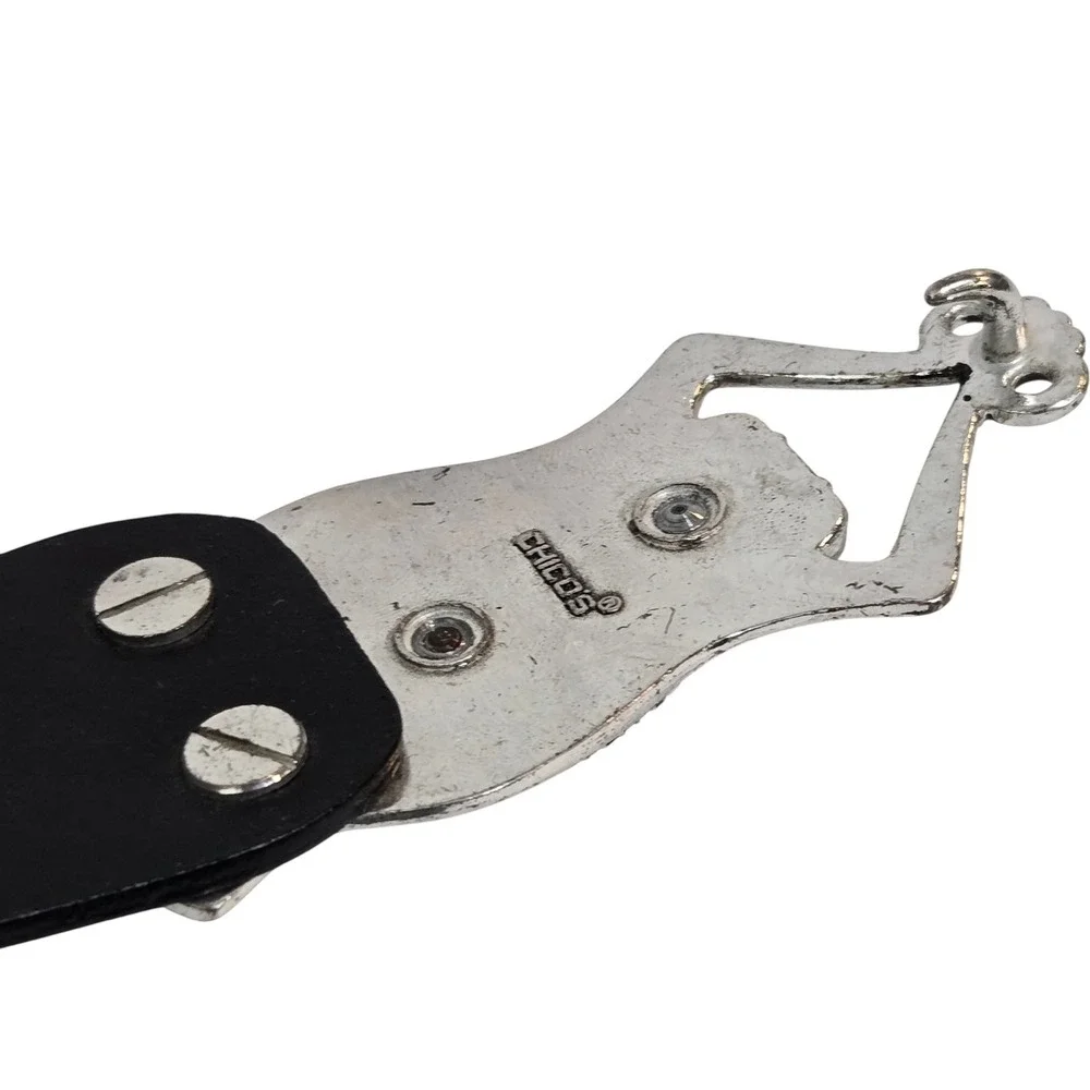 Chico's Adjustable Belt M/L 3D Frog Silver gold Buckle Black Leather Boho Artsy
